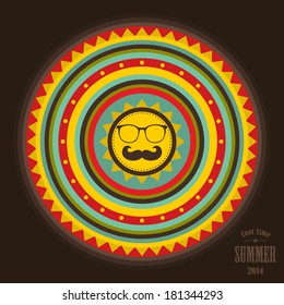 Retro label for summer time. Vector illustration with bright design elements.