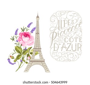 Retro label, vintage badge with calligraphic text and Eiffel tower simbol with blooming flowers. Vector illustration.