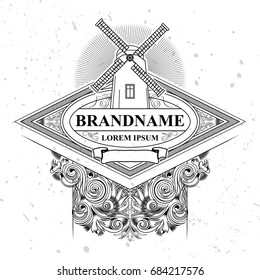 Retro label with windmill, vintage frame