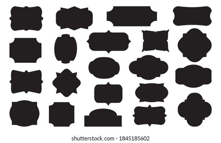 Retro labels. Collection blank decorative badges. Black different shapes vintage frames. Vector illustration