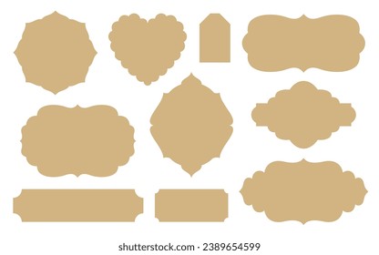 Retro labels cut file. Vintage tag templates. Old-fashioned ornate die-cut shapes for cardboard, paper, scrapbooking. Vector insignia for wine badge, food label, sale sticker, holiday gift card tags.