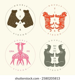 Retro labels with double animal illustrations and editable text. Suitable for prints, and stickers. Theme: Wildlife 01