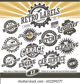 Retro labels and stickers collection. Vintage set of small business signs, badges, symbols and logos. Vector design.