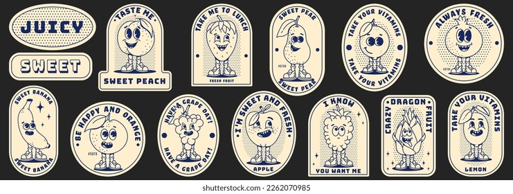 Retro labels with trendy groovy fruits. Modern patches with retro cartoon characters. Healthy food, comical phrases. Nostalgia for vintage aesthetics and 80s-90s-2000s. Monochrome palette.