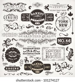 Retro labels and vintage badges: Bakery, Guaranteed and Satisfaction, Coffee House, Genuine | Set of old page elements for design | Grunge paper background