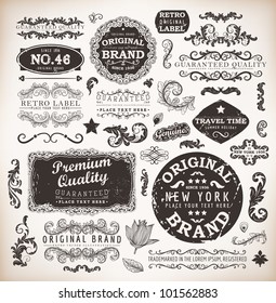 Retro Labels And Vintage Badges: Original Brand, Guaranteed And Satisfaction, Travel Time, Genuine | Set Of Old Page Elements For Design | Grunge Background