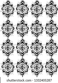 Retro lace hand drawn vector seamless repeat pattern with ethnic and tribal motifs, zigzag lines, brushstrokes and splatters of paint, black and white minimalist colors, fashion textile fabric