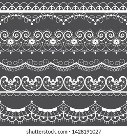 Retro lace seamless pattern set, white decoration, ornamental repetitive design with flowers - textile design. Decorative lace repetitive ornaments collection, vintage decoration in white on gray back