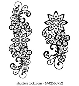 Retro lace vector single pattern in black, ornamental design with flowers and swirls, detailed lace motif on white background. 
Old monochrome background embroidery, textile decoration