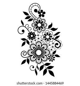 Retro lace vector single pattern, black ornamental design with flowers and swirls, detailed lace motif on white background. Old style background embroidery, monochrome textile decoration 