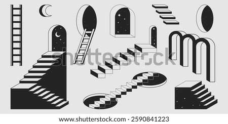 Retro ladder and staircase set with geometric cosmic shapes. Minimalist monochrome illustrations leading to moon and stars portals. Surreal architectural elements for mystic posters or cosmic design.