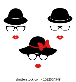 Retro ladies in the black elegant hats. Woman face. Boutique concept. Vector illustration