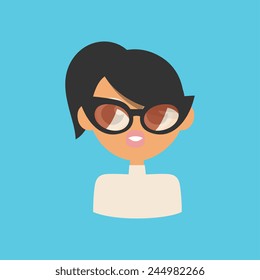 Retro lady character with cat eye sunglasses and dark color tail hairstyle, in white color turtleneck dress, minimalism cartoon flat style, vector art illustration icon.