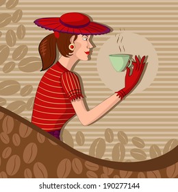 Retro lady with coffee mug in vector illustration