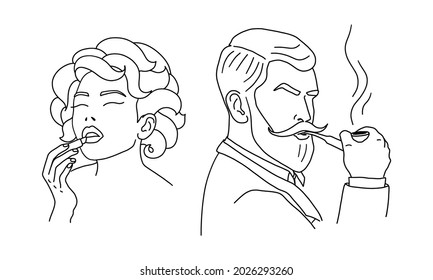 Retro lady and gentleman. A bearded man with a pipe and a woman with lipstick. Outline sketch. Elegant classic style couple. Vector illustration.