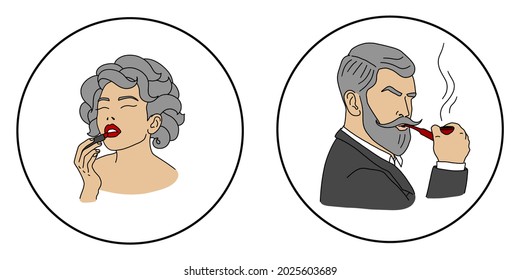 Retro lady and gentleman icon set. A bearded man with a pipe and a woman with lipstick. WC, toilet, restroom vintage signs template. Elegant classic style couple. Vector illustration.