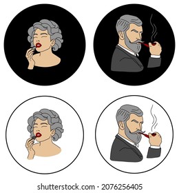 Retro lady and gentleman icon set. A bearded man with a pipe and a woman with lipstick. WC, toilet, restroom vintage signs template. Elegant classic style couple. Vector illustration.