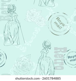 Retro lady, retro pattern with text, stamp and drawing by line. Tender seamless.