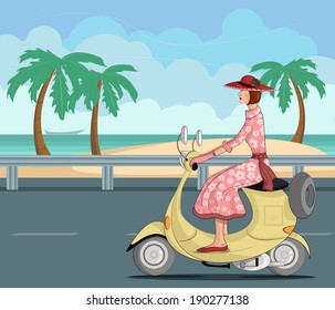 Retro lady riding scooter in vector illustration