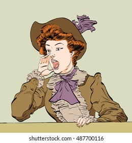 Retro lady screams, hand drawn illustration. Young woman calling for help