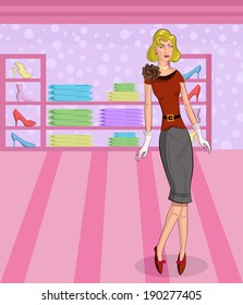 Retro lady in shoe store in vector illustration