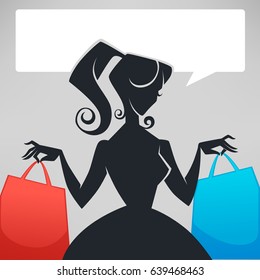 retro lady, shopping bags and speech bubble, vector background