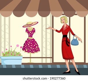 Retro lady shopping in vector illustration