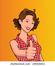Retro lady smiling and showing thumbs up - vector illustration