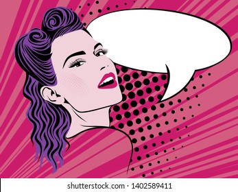 Retro lady with speach bubble on pink background. Comic vector illustration. Pop art style.