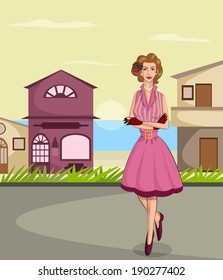Retro lady standing in style  in vector illustration