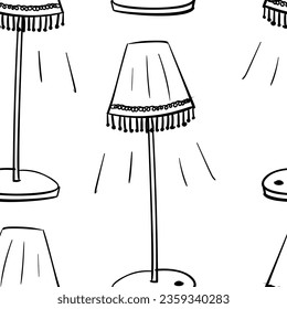 Retro lamp with lampshade seamless background, Repeating black and white pattern hand drawn floor lamp on a long thin stem with a trapezoid lampshade with fringe