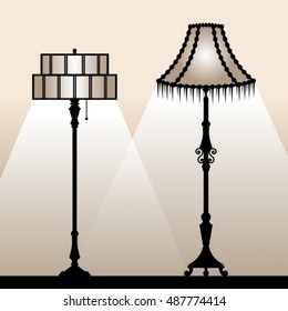 Retro lampshades. Silhouettes of vintage floor lamps. Vector illustration.
