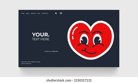 Retro landing page with heart on black background. 80's style cute element