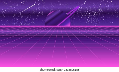 Retro Landscape with 1980s style grid, stars and saturn planet. Vector illustration.  Bright gradient background