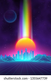 Retro landscape background sunset 3d landscape with rainbow light. Futuristic landscape 1980s style. Digital retro landscape cyber surface. 80s party background . Retro fashion Sci-Fi Background