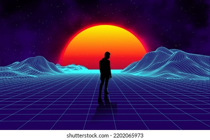 Retro Landscape Background Sunset 3d Landscape With Man Silhouette. Futuristic Landscape 1980s Style. Digital Retro Landscape Cyber Surface. 80s Party Background . Retro Fashion Sci-Fi Background