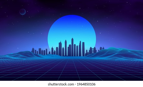 Retro landscape blue background. 3d vector background. Futuristic technology mountain landscape. Digital city neon 80s technology music background. EPS 10.