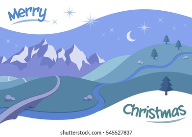 Retro Landscape with a Christmas Message - Merry Christmas! A beautiful moonlit scene with mountains rising above rolling hills, and a clear starry sky above.