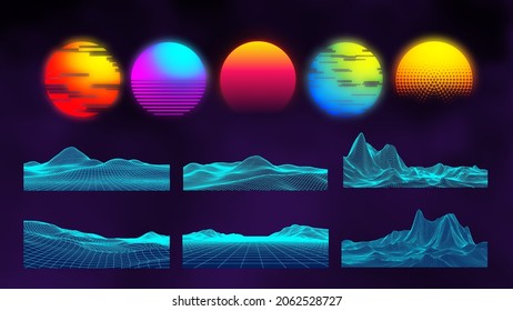 Retro landscape constructor set. Futuristic technology mountain landscapes. Digital city neon 80s technology music backgrounds constructor.