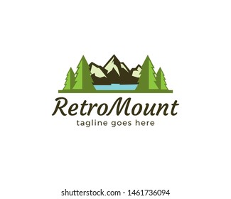 Retro landscape of mountains. Forest, Mountain adventure. Adventure and expedition vector illustration