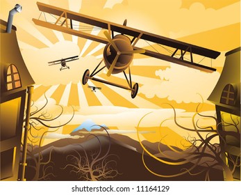 Retro landscape with plane