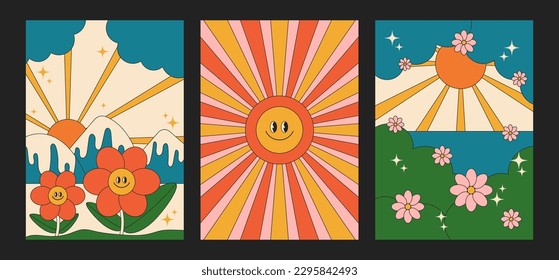 Retro landscape posters with flowers, sun and mountains. Can be used as vintage stylish flyers, wallpapers, postcards, posters. Stylish vector illustration using a trendy color palette.