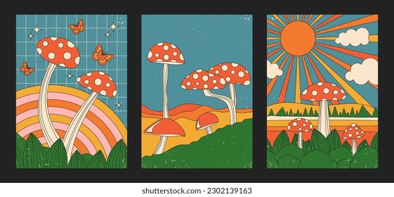 Retro Landschaftspopster mit Landschaftsbild, Sonne und Pilzen. Kann als stilvolle Vintage-Flyer, Wallpaper, Postkarten, Poster verwendet werden. Stilvolle Vektorgrafik mit angesagter Farbpalette.