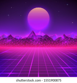 Retro landscape in purple colors. Futuristic planet neon mountains and sunset background. Sci-fi abstract geometric landscape. Vector illustration