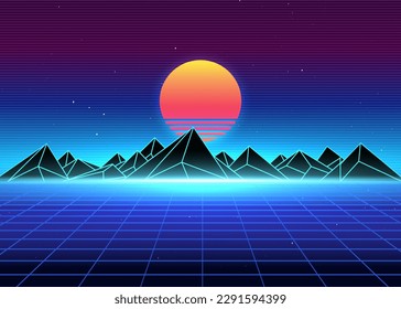 Retro landscape skyline with neon ,ray of light, grid, sunset and mountains. Sci-fi, futuristic illustration. Retrowave, synthwave or vaporwave 80's  90's. Geomteric and nostalgic graphic design.