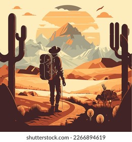 Paisaje retro con viajero y rocas, ilustración vectorial.