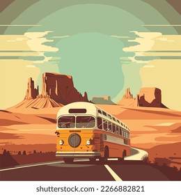 Paisaje retro. bus vintage en la carretera , ilustración vectorial.