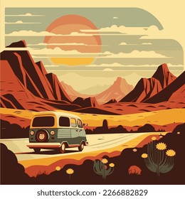 Retro landscape. vintage bus on the road , Vector illustration.