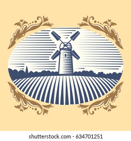 Retro landscape windmill vector illustration farm house agriculture graphic antique drawing.