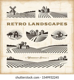 Retro landscapes set. Editable EPS10 vector illustration in woodcut style with clipping mask and  transparency.